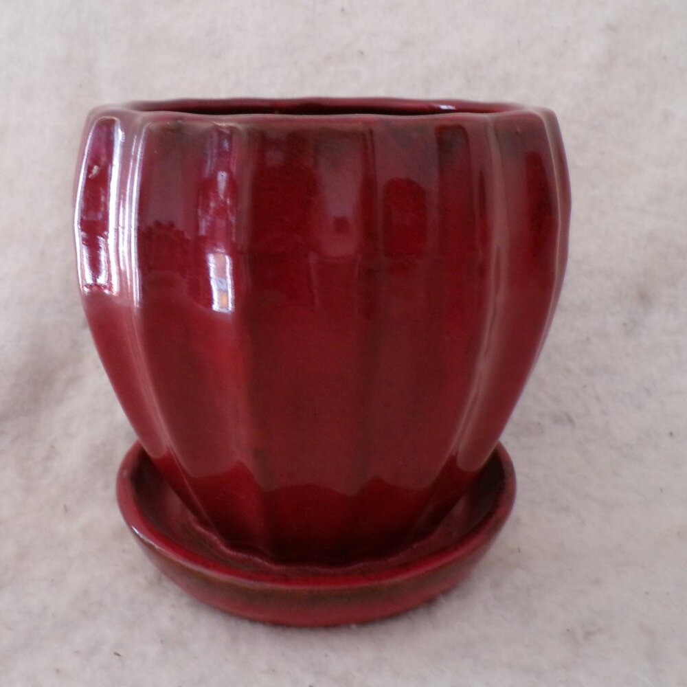 Ceramic Flower Pot Pottery Attached Saucer Planter Ribbed Red